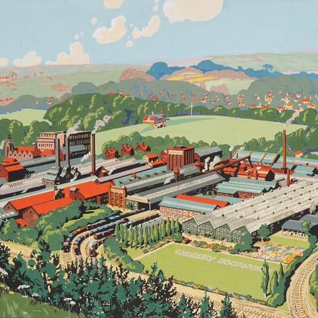 Painting, an ariel view of a factory set among green fields. Lettering on the grass reads: Cadbury Bournville