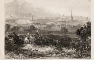 Engraved print showing view from a hill of a built-up town with church spires and smoking factory chimneys