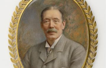 Minature oval portrait painting of a man in a light grey suit