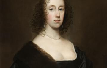 17th century portrait painting of a woman wearing dark clothing on a dark background
