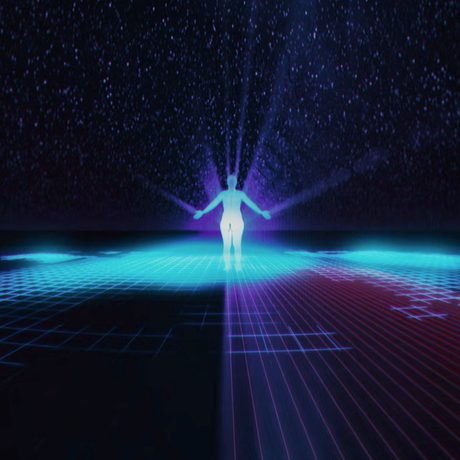 A graphic of a person standing in a virtual black world surrounded by small stars and floor with blue lights.