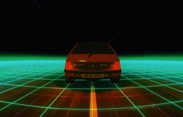 A computer generated scene showing the back of a car driving along a road that is a grid of green lines. There is a black horizon.