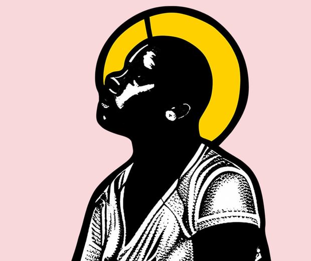 Graphic of the side view of a man looking up with yellow halo behind.