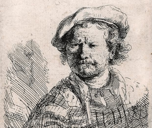 A etching of a portrait of a man wearing a flat cap.
