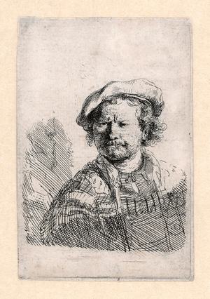 A etching of a portrait of a man wearing a flat cap.