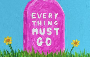 A bright pink headstone which reads Every Thing Must Go, against a blue sky and green grass with two flowers.