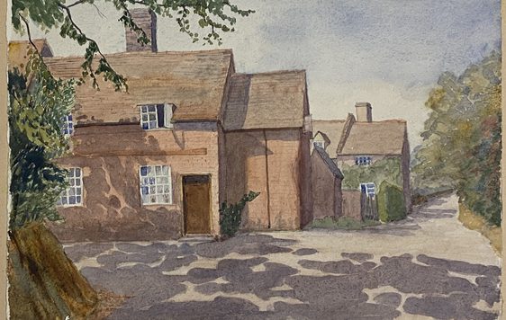 Watercolour painting depicting part of a cottage with driveway, a tree casts a shadow.