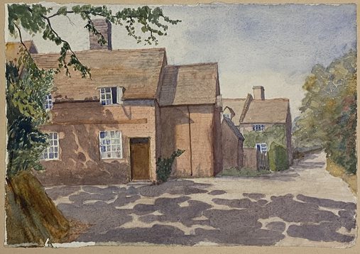 Watercolour painting depicting part of a cottage with driveway, a tree casts a shadow.