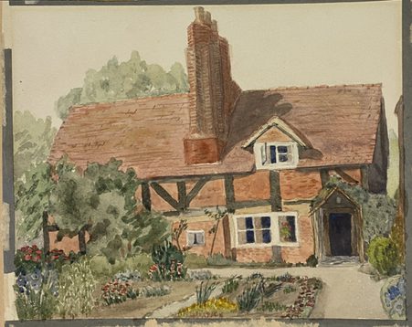 Watercolour painting depicting an exterior view of a detached cottage with large chimney in the centre and flowers in the garden.