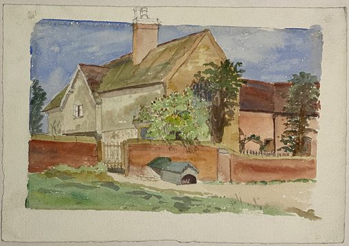Watercolour painting depicting the exterior of a cottage building with trees.