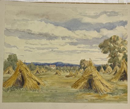 Watercolour painting depicting a field of hay bales stacked into pyramids shapes.