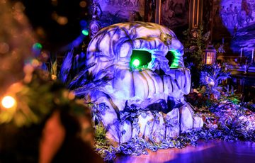 Neverland - a indoor Peter Pan experience. Showing a replica skull with glowing green eyes.