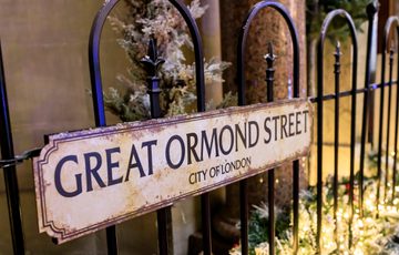 Neverland - a indoor Peter Pan experience. Showing a close up detail a road sign that reads "Great Ormond Street".