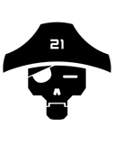 A black sketch of a skull with a pirate's hat on top with 21 in the middle of it.