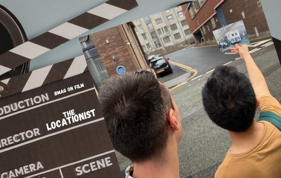 Clapper board which reads 'BMAG on Film the Locationist' alongside a photo of two people on a street holding a photo.