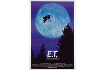E.T movie poster with bicycle flying in front of the moon.