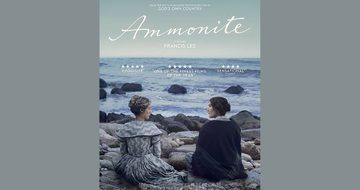 Ammonite film poster featuring film title and two people sitting on rocks in front of the sea, on a grey blue background.