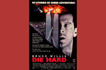 Movie poster for Die Hard showing close up of Bruce Willis and an exploding high rise building.