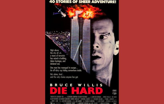 Movie poster for Die Hard showing close up of Bruce Willis and an exploding high rise building.