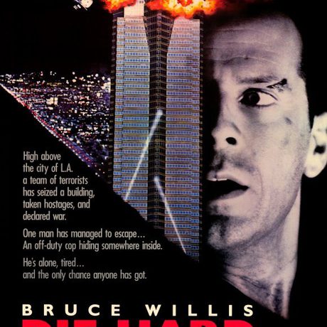 Movie poster for Die Hard showing close up of Bruce Willis and an exploding high rise building.