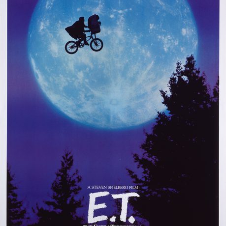 E.T movie poster with bicycle flying in front of the moon.