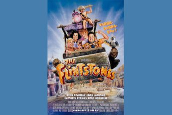 Film poster of Flinstones movie on a blue background.