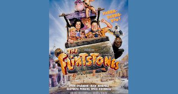 Film poster of Flinstones movie on a blue background.