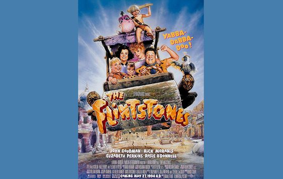 Film poster of Flinstones movie on a blue background.