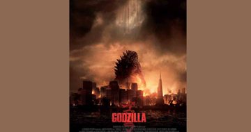 Movie poster for Godzilla on a brown background.