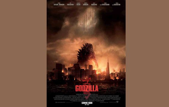 Movie poster for Godzilla on a brown background.