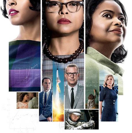 Movie poster with collage of people and movie title 'Hidden Figures'.