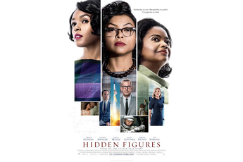 Movie poster with collage of people and movie title 'Hidden Figures'.