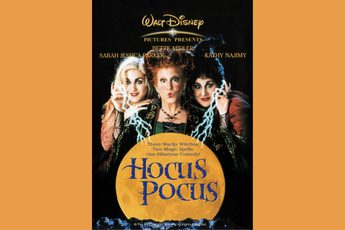 Movie poster for Disney's Hocus Pocus featuring the three Sanderson sister and large yellow moon.