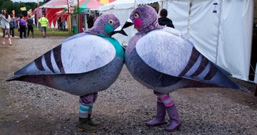 Two people dressed in pigeon costumes face each other, with tents behind.