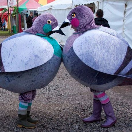 Two people dressed in pigeon costumes face each other, with tents behind.