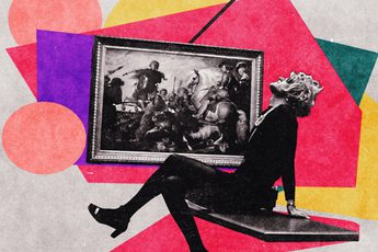Black and white photo of person in a gallery leaning back on a bench with painting behind, cut out onto a colourful abstract background.