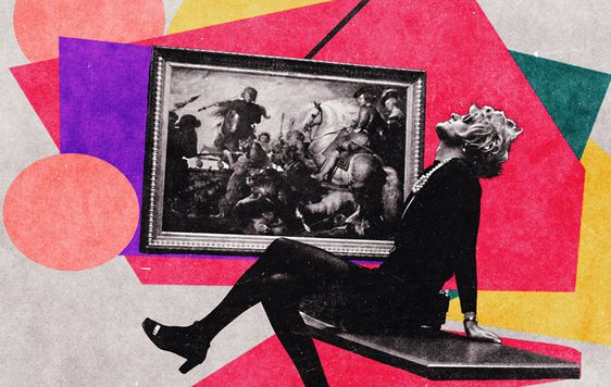 Black and white photo of person in a gallery leaning back on a bench with painting behind, cut out onto a colourful abstract background.