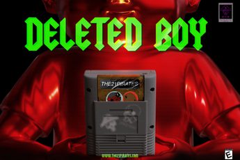 A computer generated image of a glossy red figure holding a computer device with the text "Deleted Boy".