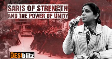A woman with microphone with the the text 'Saris of Strength and the Power of Unity'. DESIblitz.