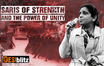 A woman with microphone with the the text 'Saris of Strength and the Power of Unity'. DESIblitz.
