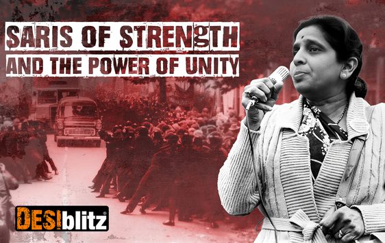 A woman with microphone with the the text 'Saris of Strength and the Power of Unity'. DESIblitz.