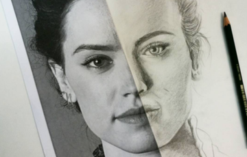 Left half a black and white picture and right half of pencil drawing of a lady's face.