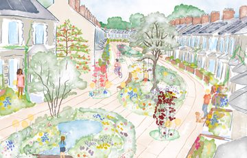 Illustration of a street with gardens and trees in the centre and people on bicycles.