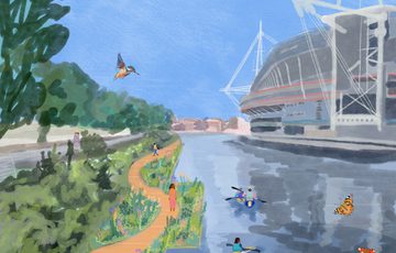 Illustration of a river with people in canoes next to a building and trees.