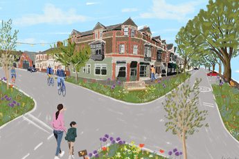 Illustration of a street junction with buildings, people, colourful flowers and trees.