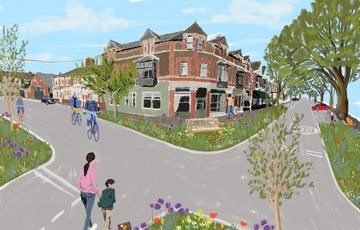Illustration of a street junction with buildings, people, colourful flowers and trees.