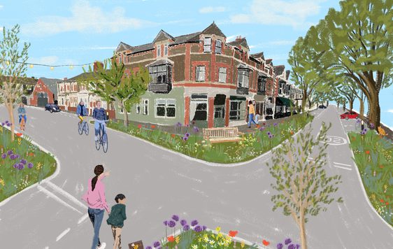 Illustration of a street junction with buildings, people, colourful flowers and trees.