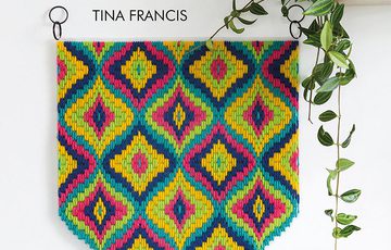 Cover a colourful wool design with plant next to it and text 'Modern Bargello. How to stitch 15 colourful projects. Tina Francis.'