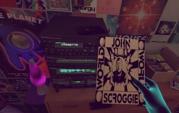 A computer generated bedroom with posters on wall a stereo. A hand is holding a leaflet.