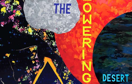 Abstract cosmic artwork with flowers, a grey rock labelled ‘THE,’ red-orange circle with ‘FLOWERING,’ and blue-green circle with ‘DESERT.’